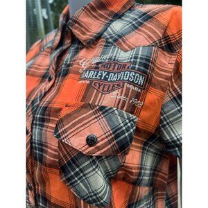 Harley-Davidson Womens Plaid Button-Up Shirt Orange/Black Short Sleeve L